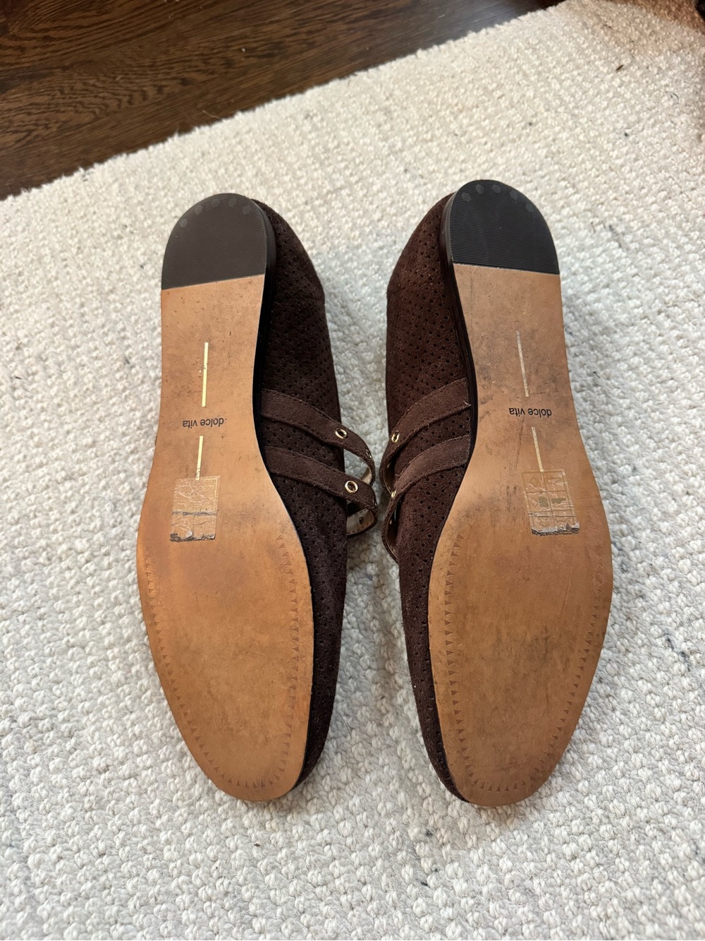 Dolce Vita Dark Brown Suede Double-Buckle Flats with Gold Hardware - Picture 4 of 4